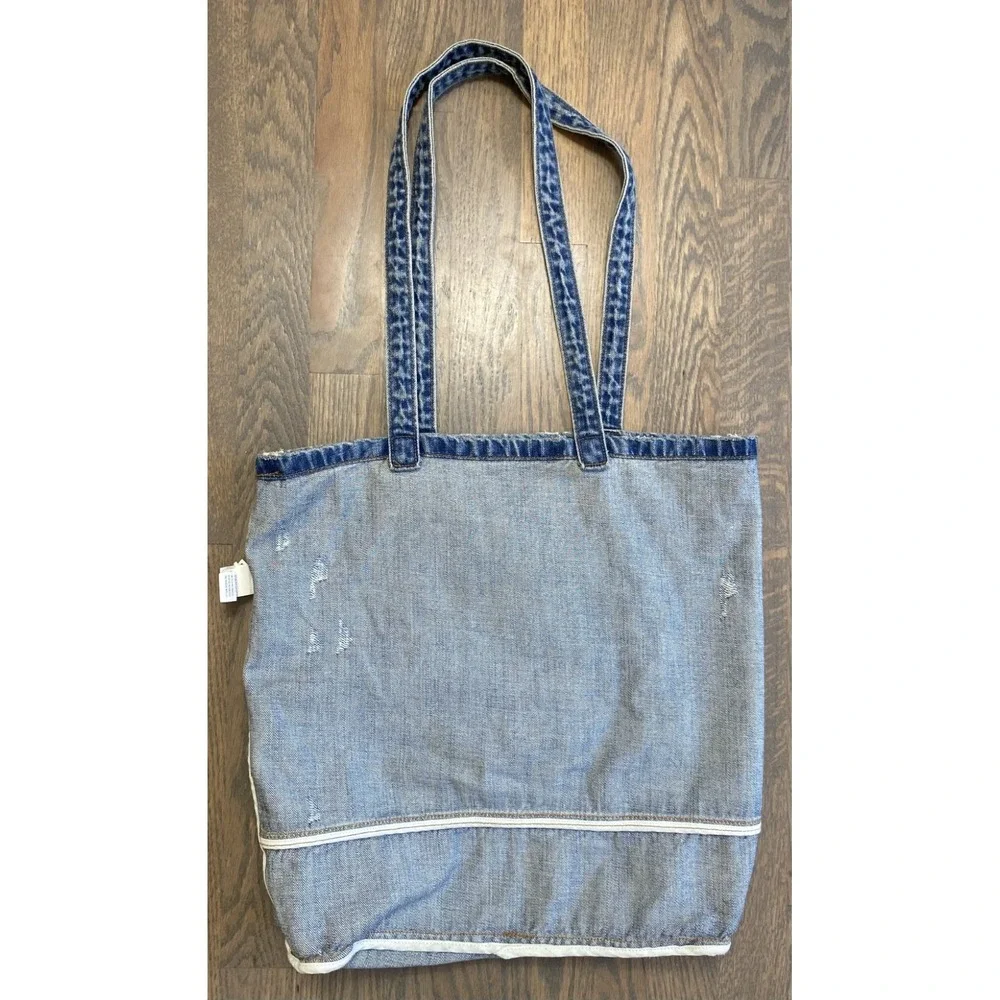 American Eagle Denim Distressed Tote Bag Blue White Logo Spell Out